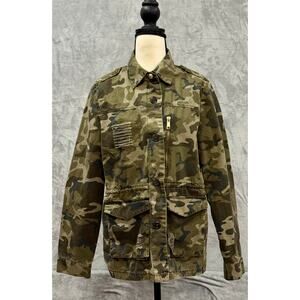 Y2K Love Tree Camo Utility Jacket Grunge Distressed Cotton Medium Zip Drawstring